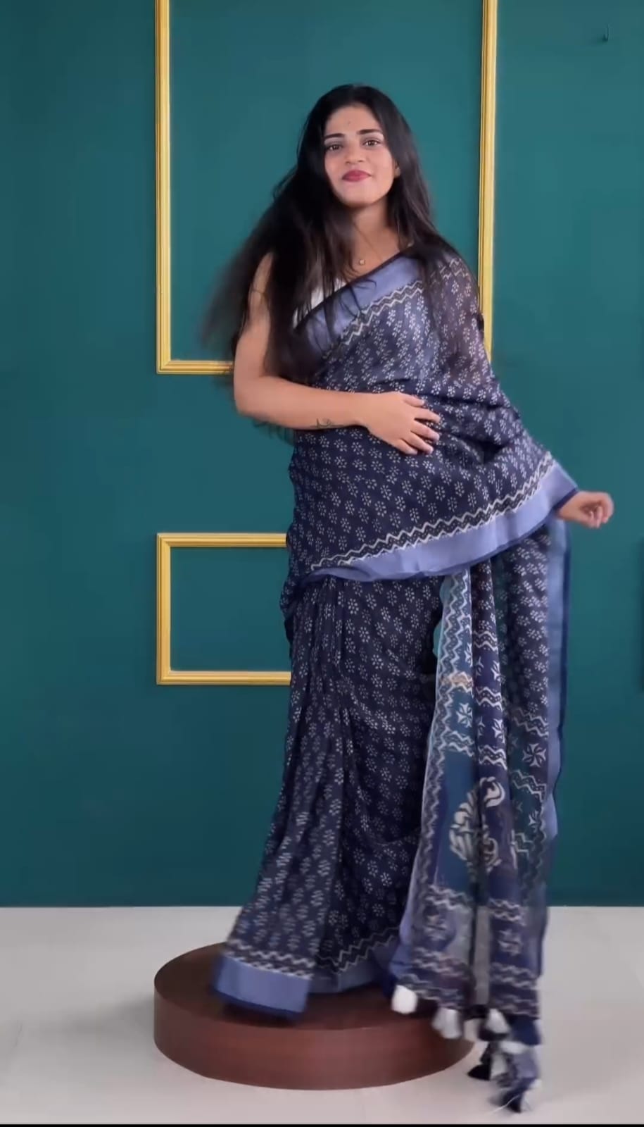 Attractive 1 Minute Ready To Wear Blue Cotton Digital Print Saree