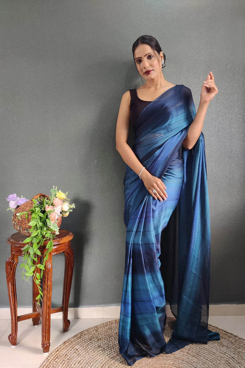 Stunning 1 Minute Ready To Wear Blue Nylon Silk Saree