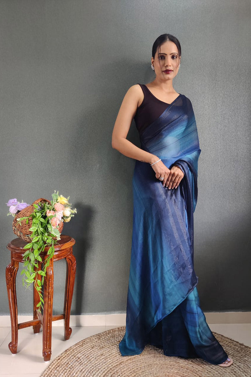 Stunning 1 Minute Ready To Wear Blue Nylon Silk Saree