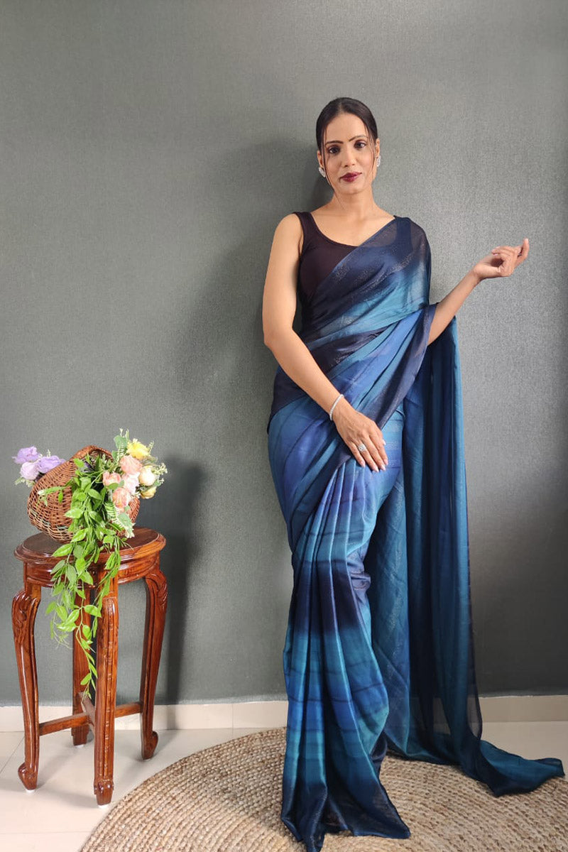 Stunning 1 Minute Ready To Wear Blue Nylon Silk Saree