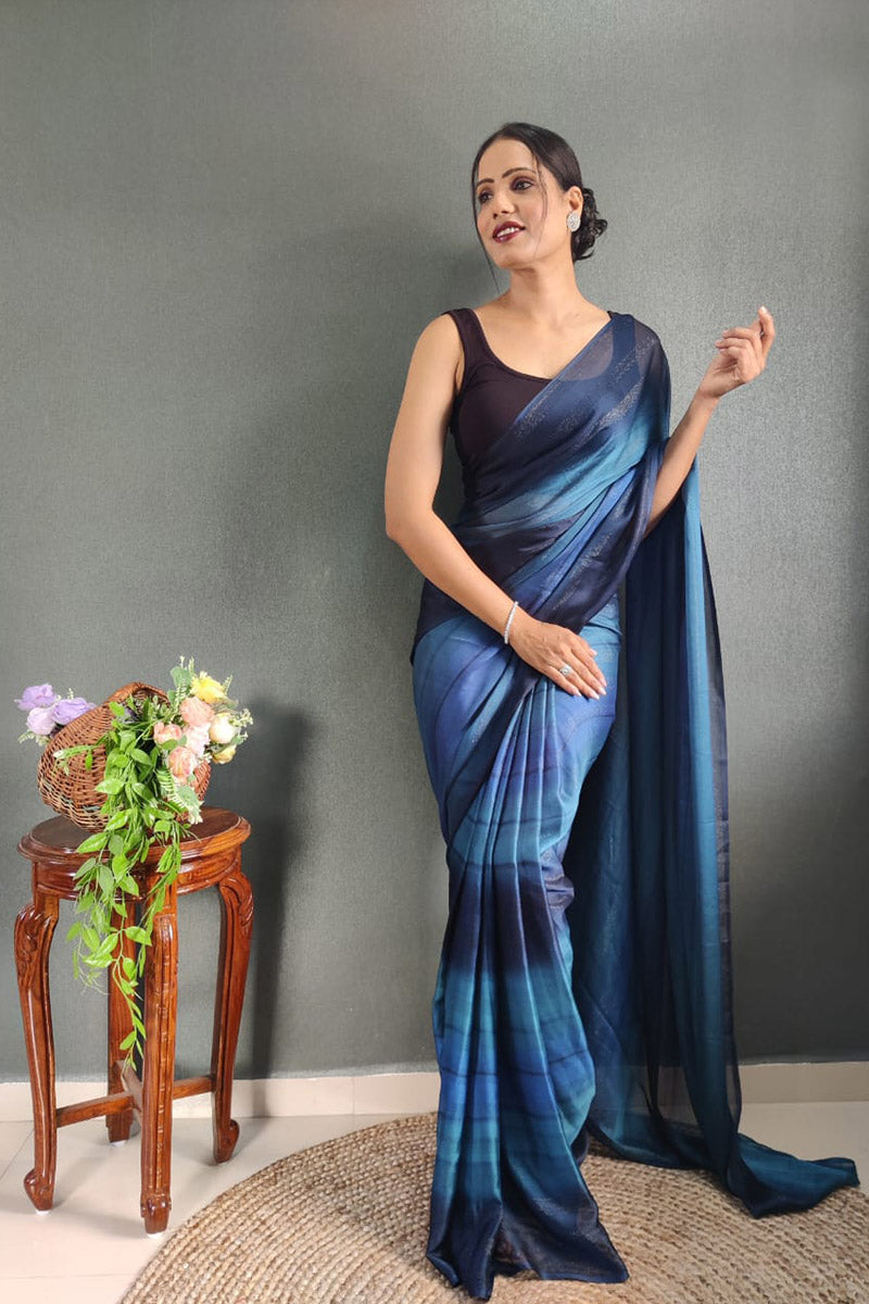 Stunning 1 Minute Ready To Wear Blue Nylon Silk Saree