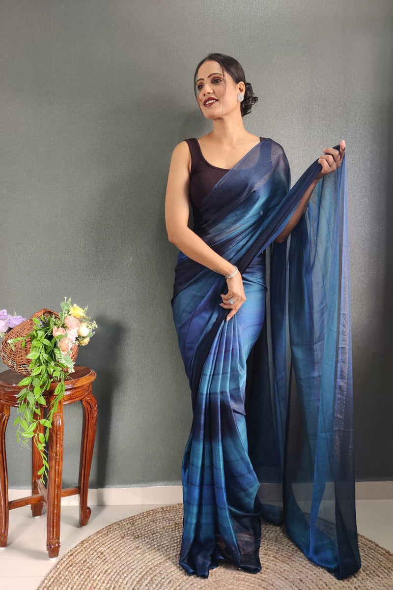 Stunning 1 Minute Ready To Wear Blue Nylon Silk Saree