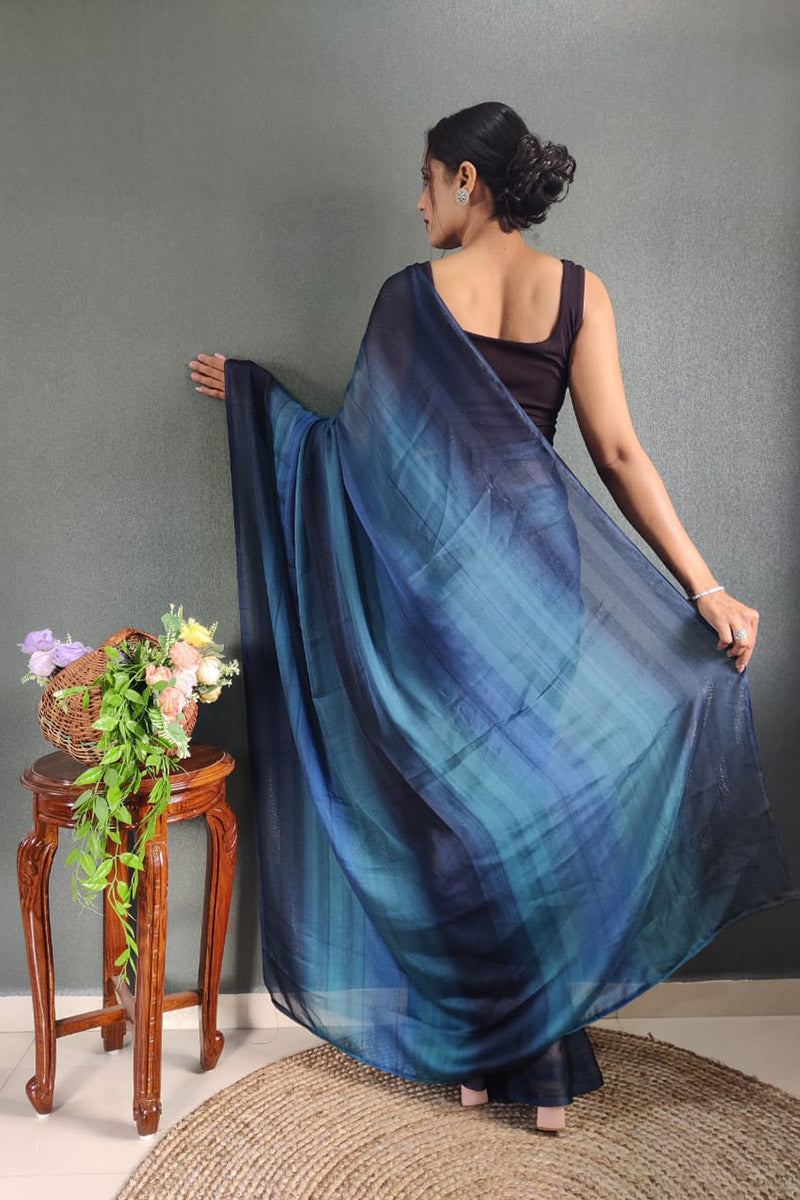 Stunning 1 Minute Ready To Wear Blue Nylon Silk Saree