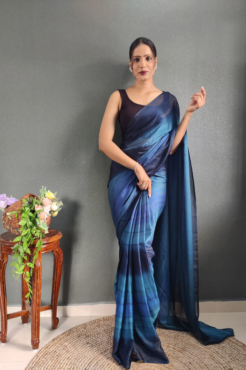 Stunning 1 Minute Ready To Wear Blue Nylon Silk Saree