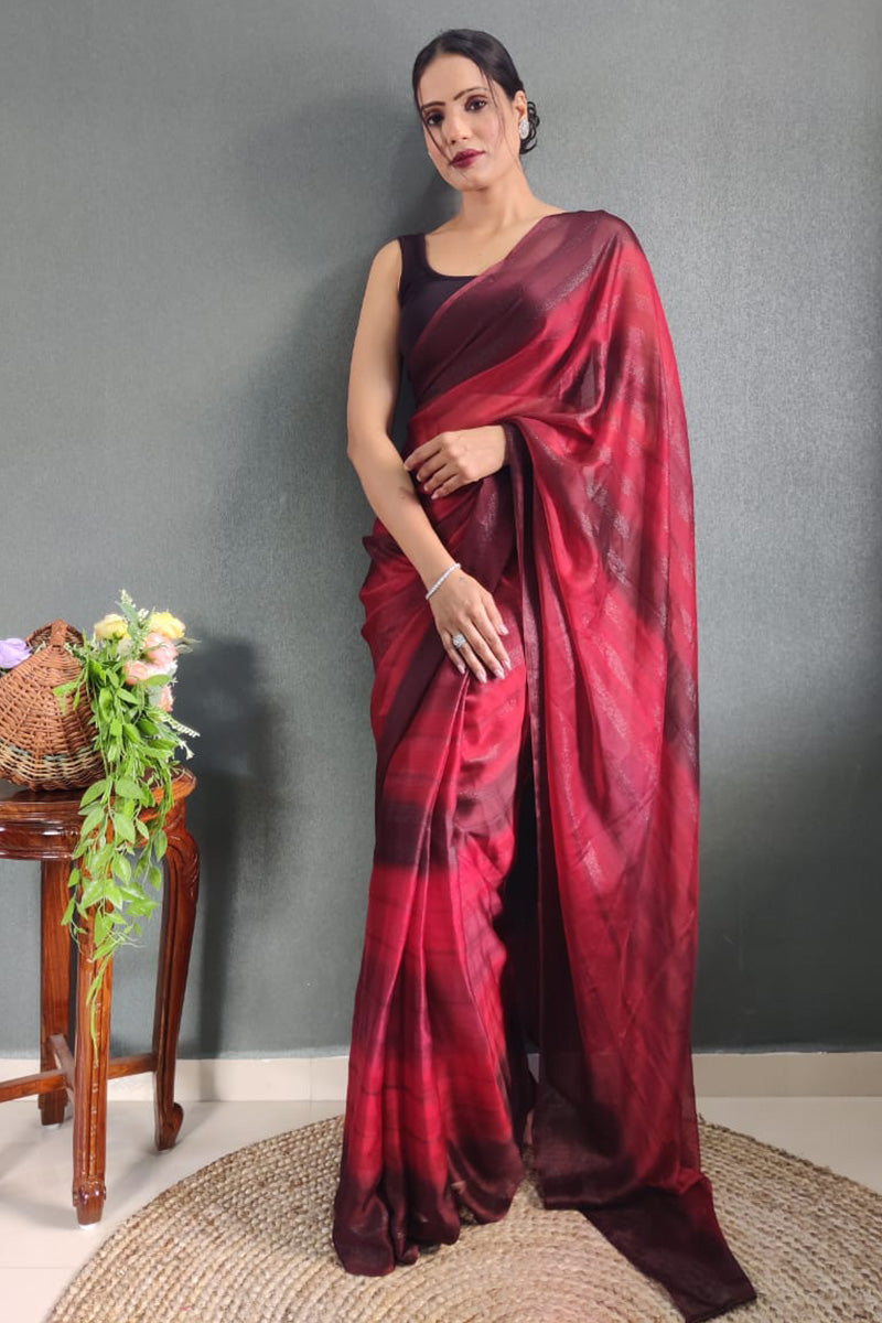 Stunning 1 Minute Ready To Wear Maroon Nylon Silk Saree