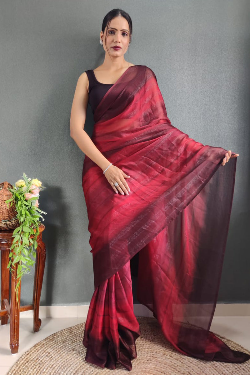 Stunning 1 Minute Ready To Wear Maroon Nylon Silk Saree