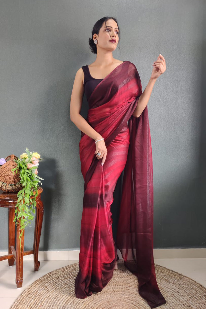 Stunning 1 Minute Ready To Wear Maroon Nylon Silk Saree