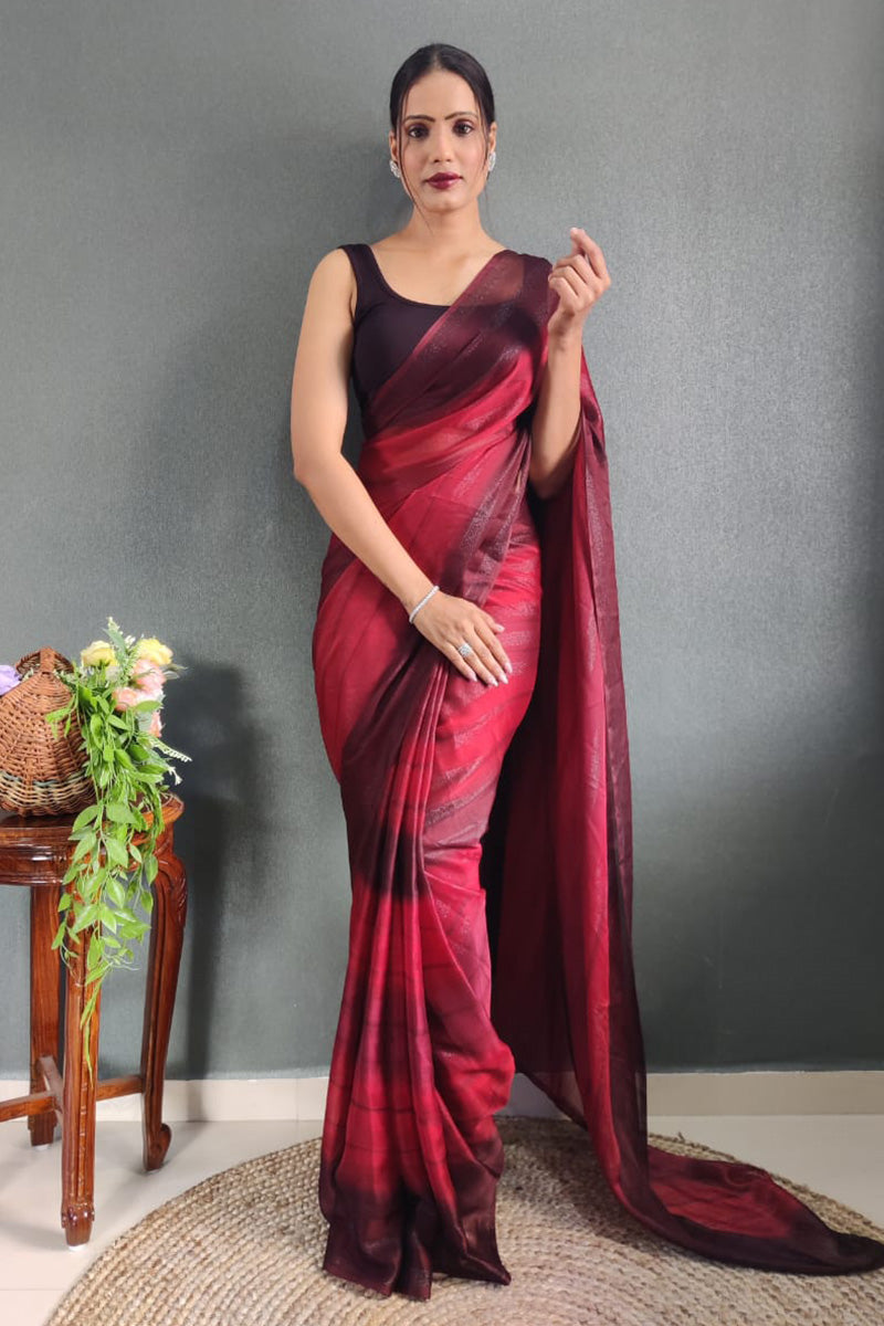 Stunning 1 Minute Ready To Wear Maroon Nylon Silk Saree
