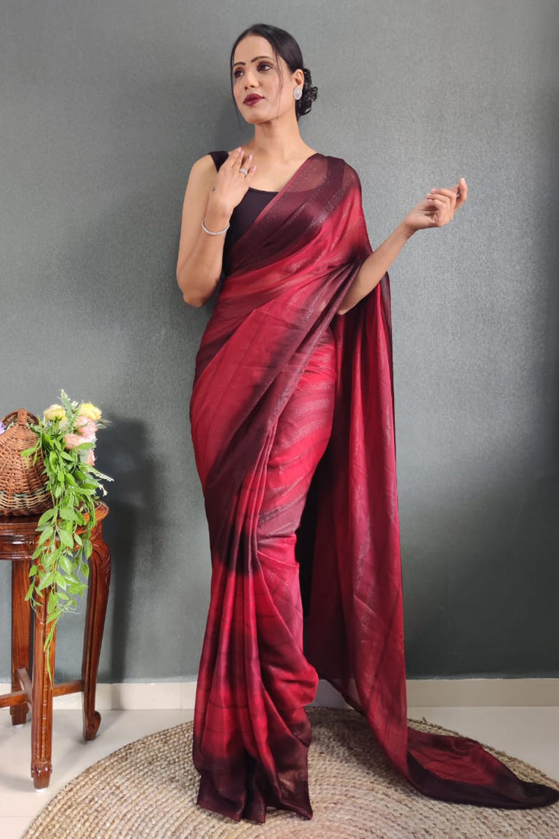 Stunning 1 Minute Ready To Wear Maroon Nylon Silk Saree