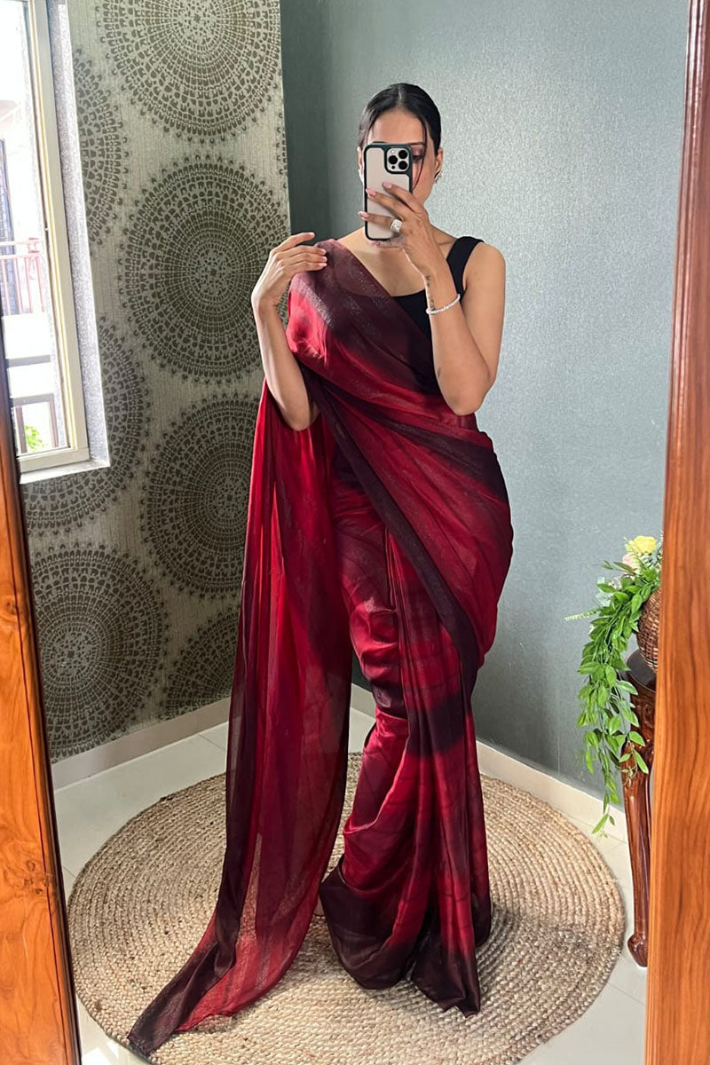 Stunning 1 Minute Ready To Wear Maroon Nylon Silk Saree