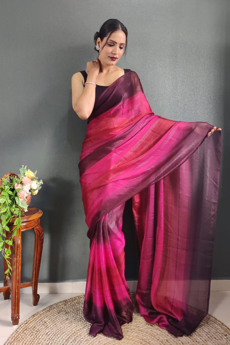 Stunning 1 Minute Ready To Wear Pink Nylon Silk Saree