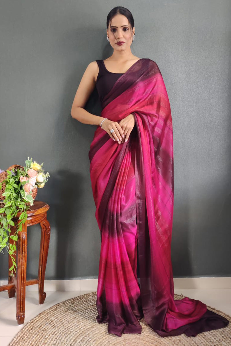 Stunning 1 Minute Ready To Wear Pink Nylon Silk Saree