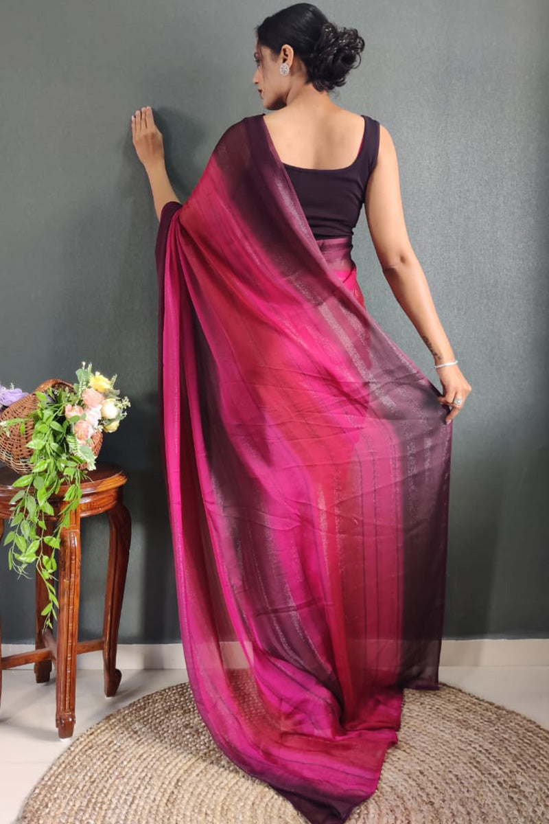 Stunning 1 Minute Ready To Wear Pink Nylon Silk Saree