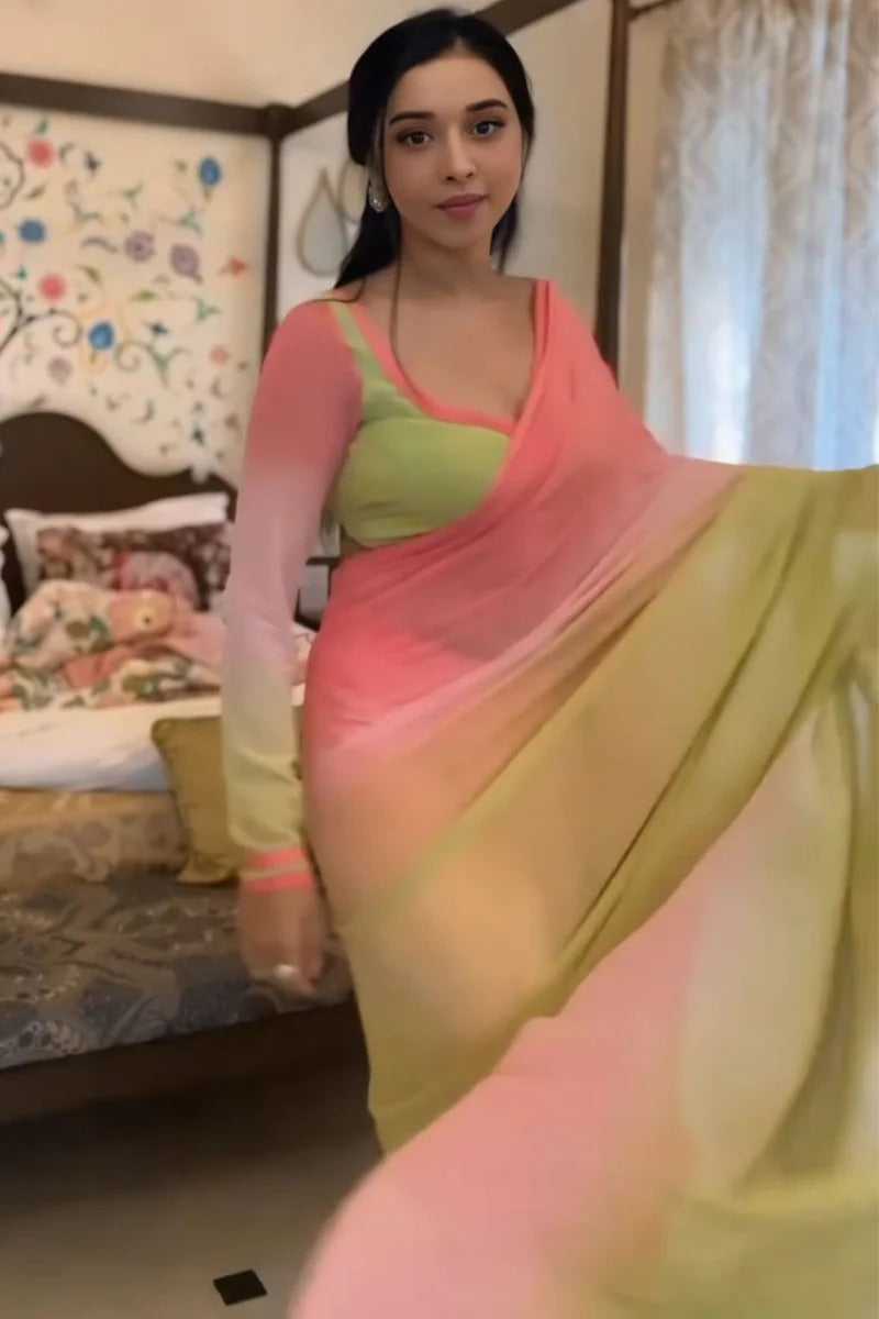 Epiphany 1 Minute Ready To Wear Pink And Parrot Georgette Saree
