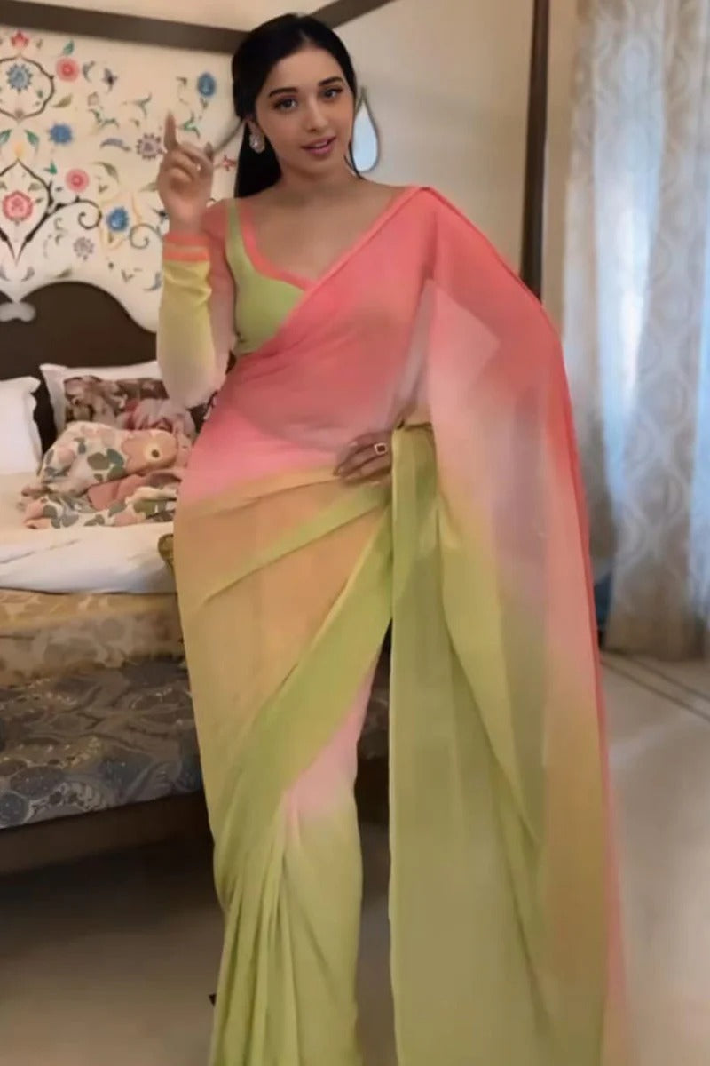 Epiphany 1 Minute Ready To Wear Pink And Parrot Georgette Saree