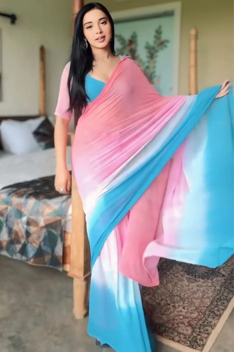 Prominent 1 Minute Ready To Wear Pink And Blue Georgette Saree