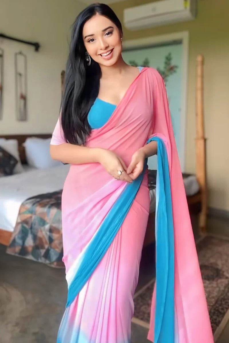 Prominent 1 Minute Ready To Wear Pink And Blue Georgette Saree