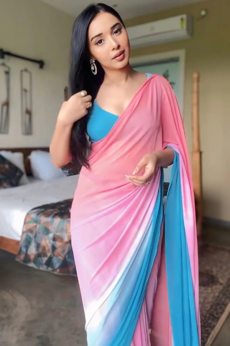 Prominent 1 Minute Ready To Wear Pink And Blue Georgette Saree