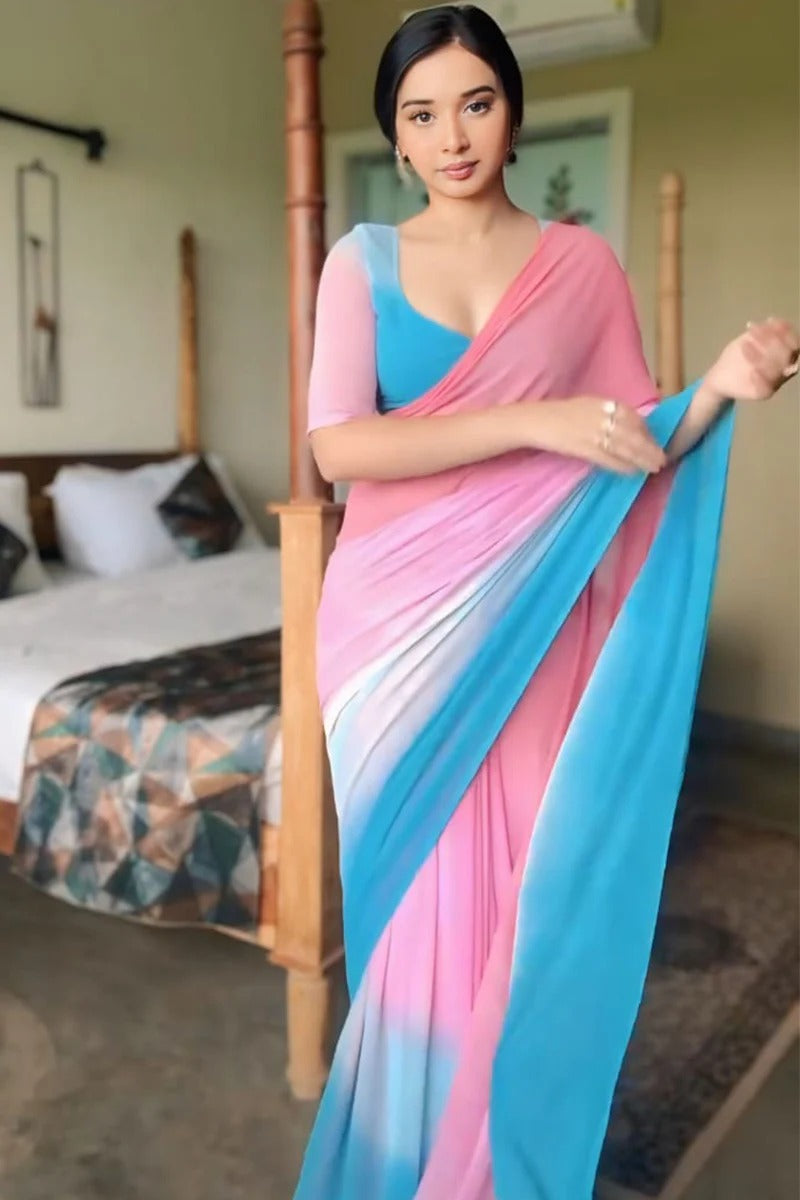 Prominent 1 Minute Ready To Wear Pink And Blue Georgette Saree