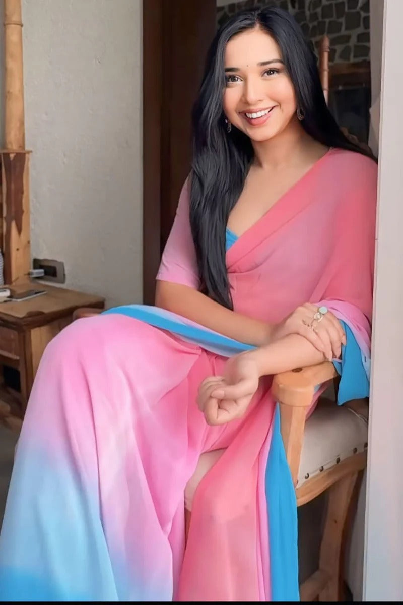 Prominent 1 Minute Ready To Wear Pink And Blue Georgette Saree