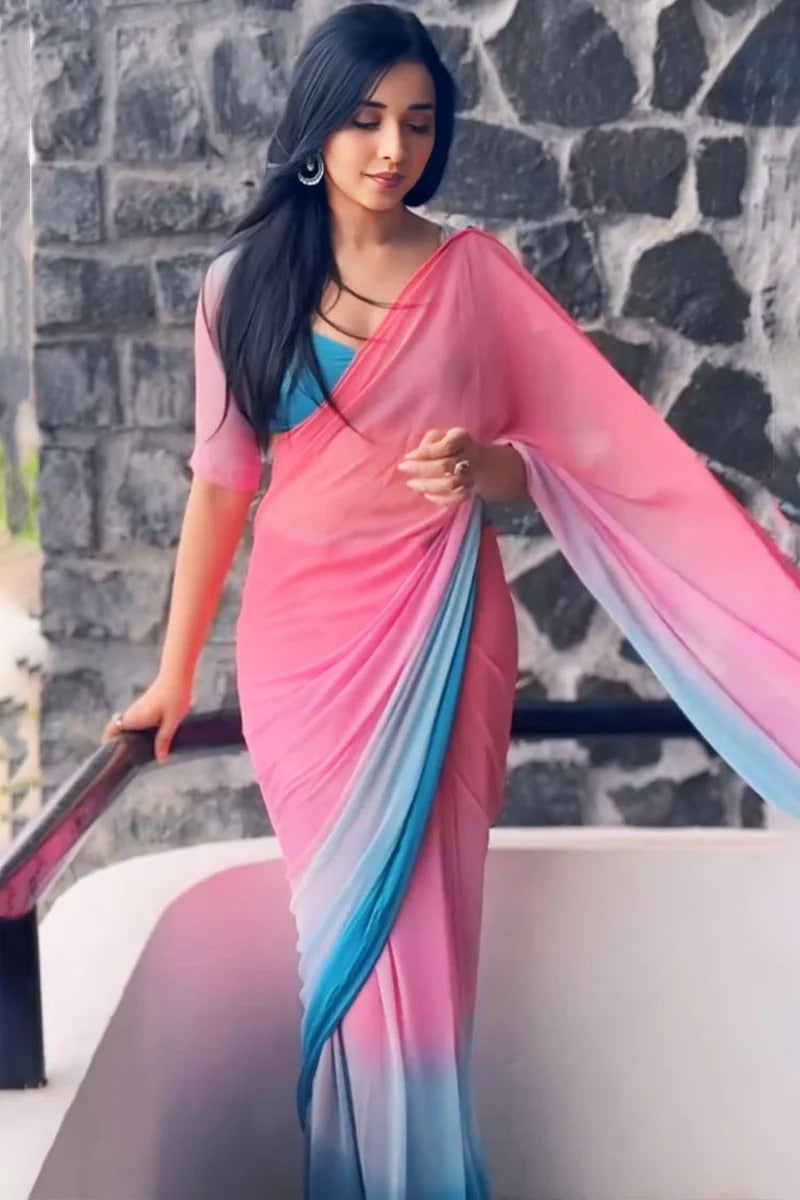 Prominent 1 Minute Ready To Wear Pink And Blue Georgette Saree