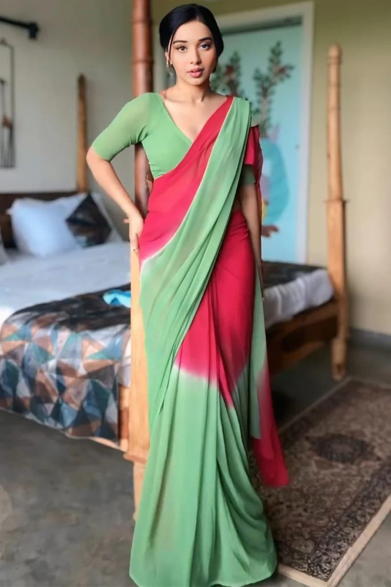 Prominent 1 Minute Ready To Wear Red And Green Georgette Saree