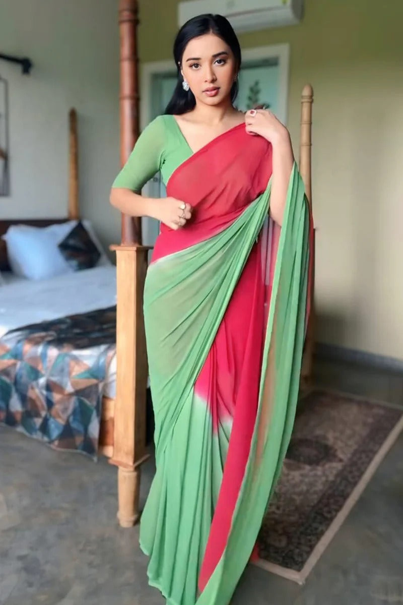 Prominent 1 Minute Ready To Wear Red And Green Georgette Saree