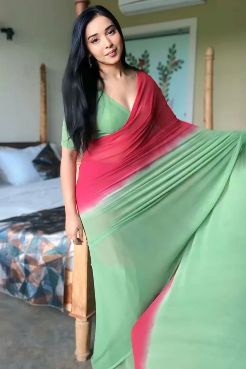 Prominent 1 Minute Ready To Wear Red And Green Georgette Saree