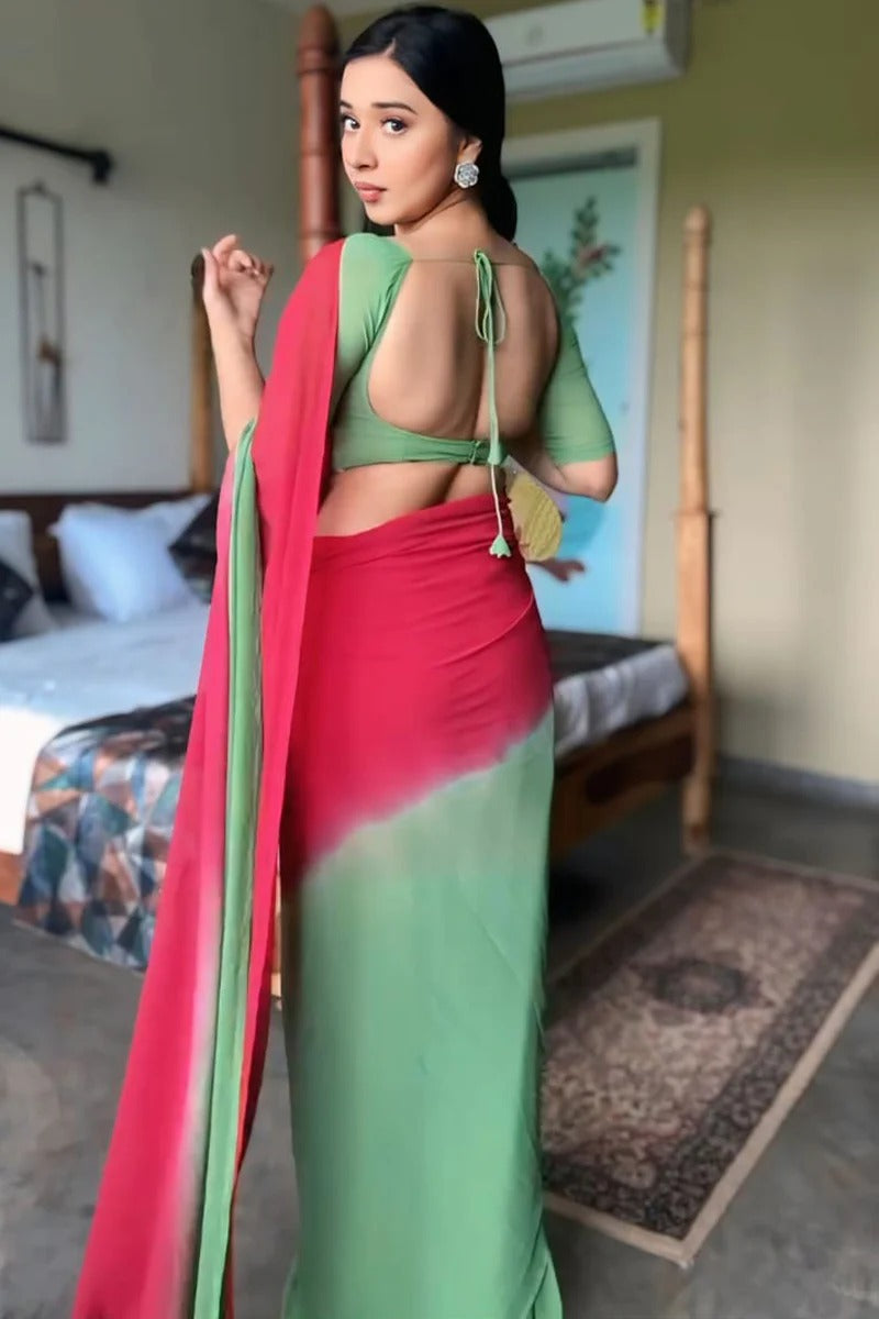 Prominent 1 Minute Ready To Wear Red And Green Georgette Saree