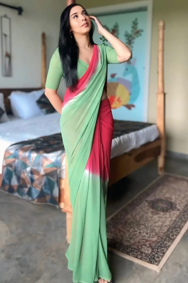 Prominent 1 Minute Ready To Wear Red And Green Georgette Saree
