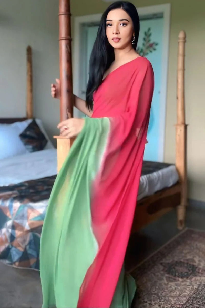 Prominent 1 Minute Ready To Wear Red And Green Georgette Saree