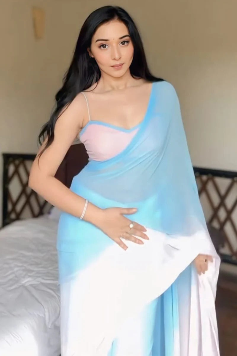 Profuse 1 Minute Ready To Wear Sky Blue And Pink Georgette Saree