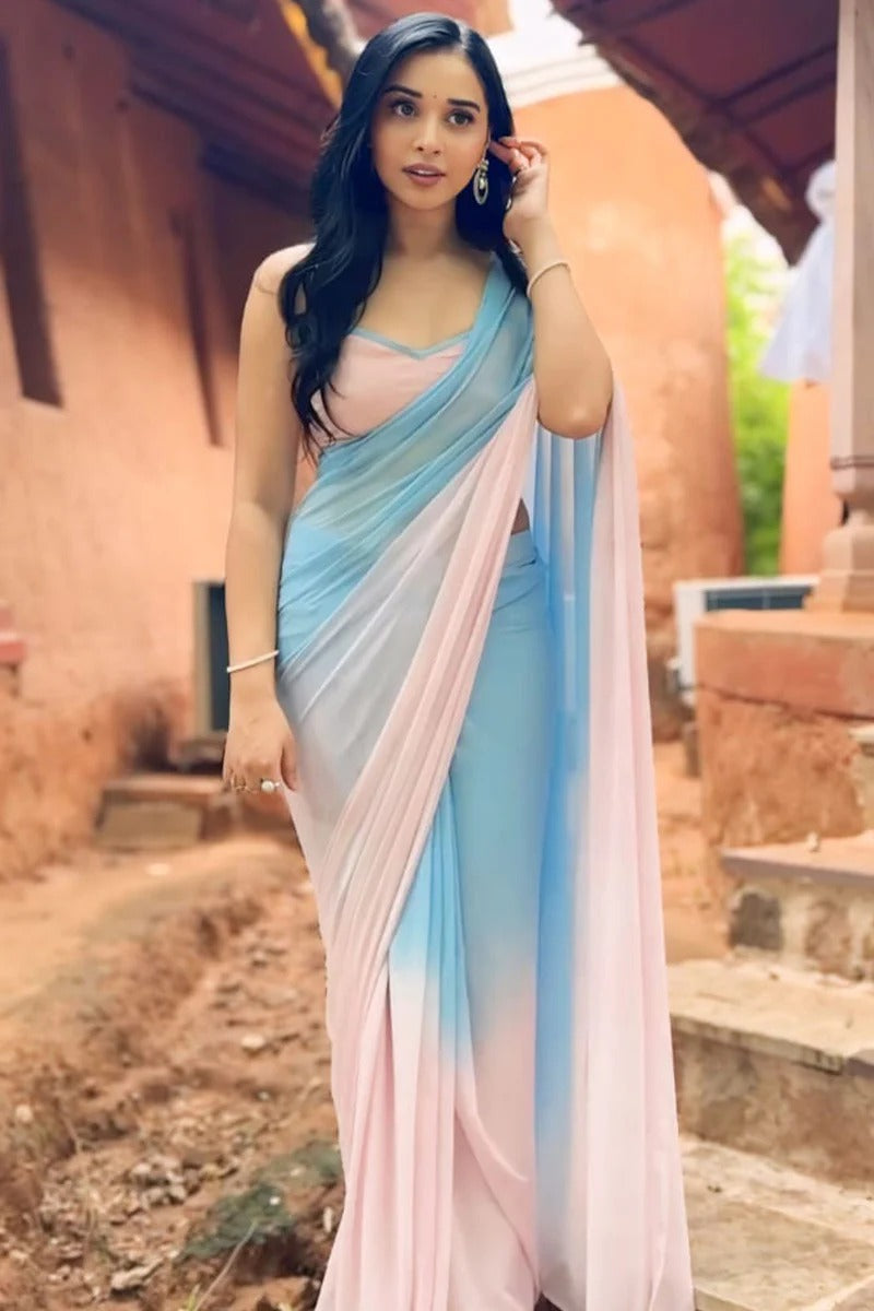 Profuse 1 Minute Ready To Wear Sky Blue And Pink Georgette Saree