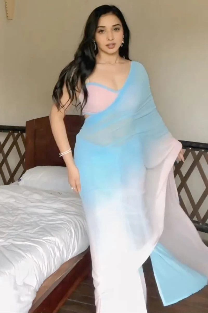 Profuse 1 Minute Ready To Wear Sky Blue And Pink Georgette Saree