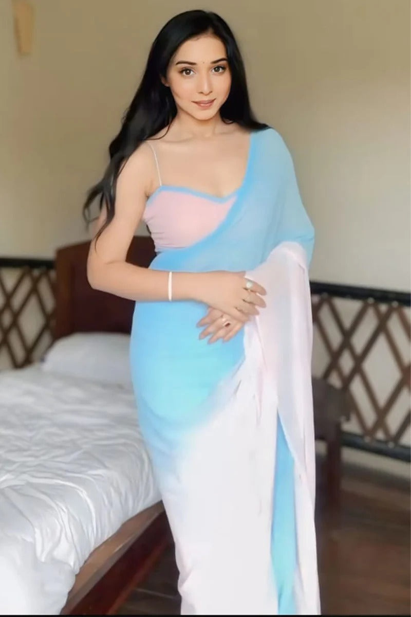 Profuse 1 Minute Ready To Wear Sky Blue And Pink Georgette Saree