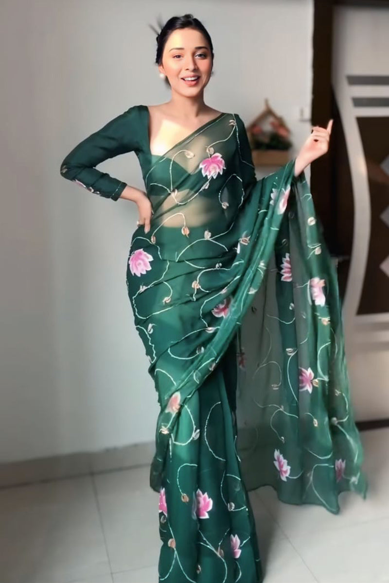 Sophisticated 1 Minute Ready To Wear Green Organza Digital Print Saree