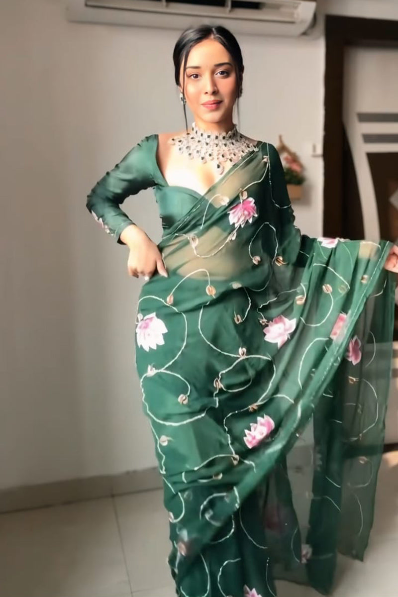 Sophisticated 1 Minute Ready To Wear Green Organza Digital Print Saree