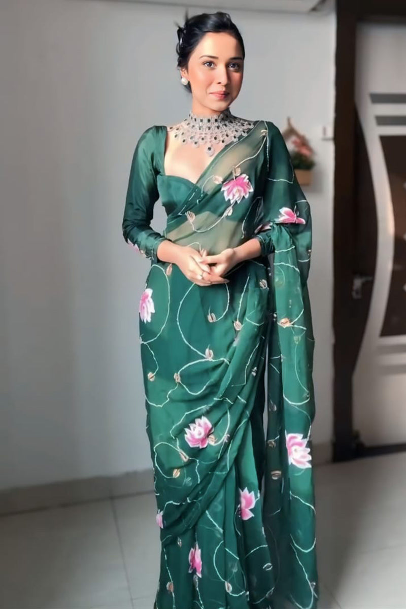 Sophisticated 1 Minute Ready To Wear Green Organza Digital Print Saree