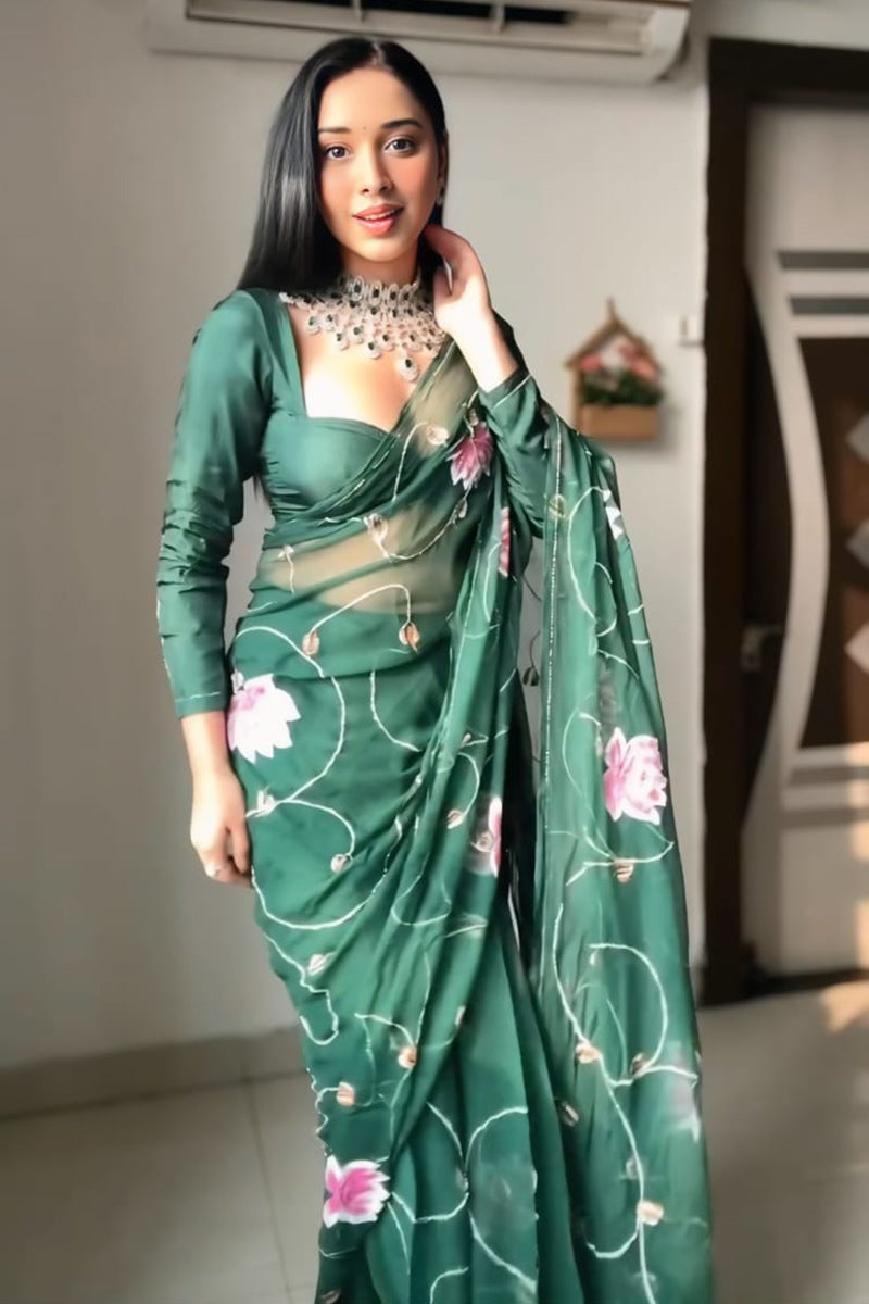Sophisticated 1 Minute Ready To Wear Green Organza Digital Print Saree