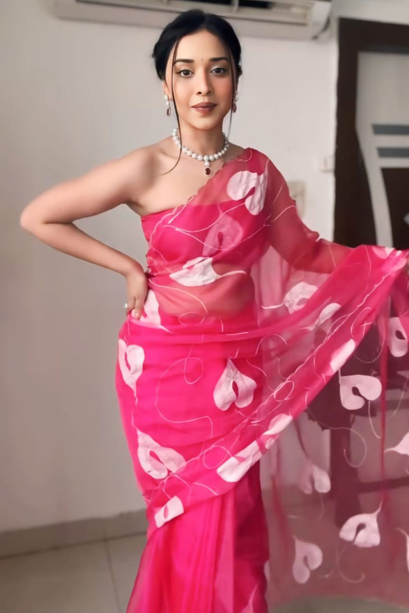 Enticing 1 Minute Ready To Wear Pink Organza Digital Print Saree