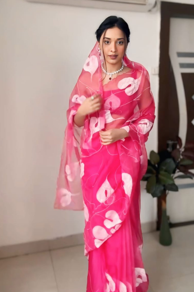 Enticing 1 Minute Ready To Wear Pink Organza Digital Print Saree