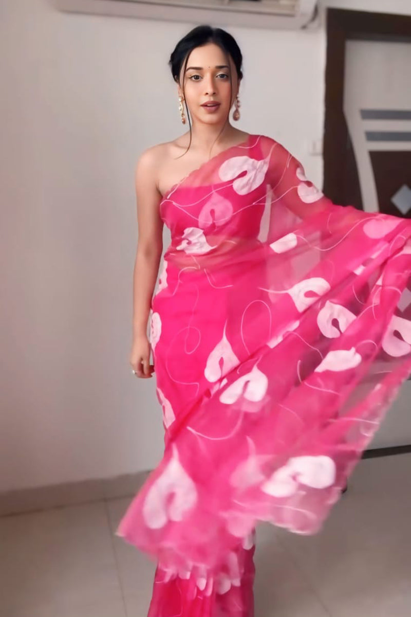 Enticing 1 Minute Ready To Wear Pink Organza Digital Print Saree