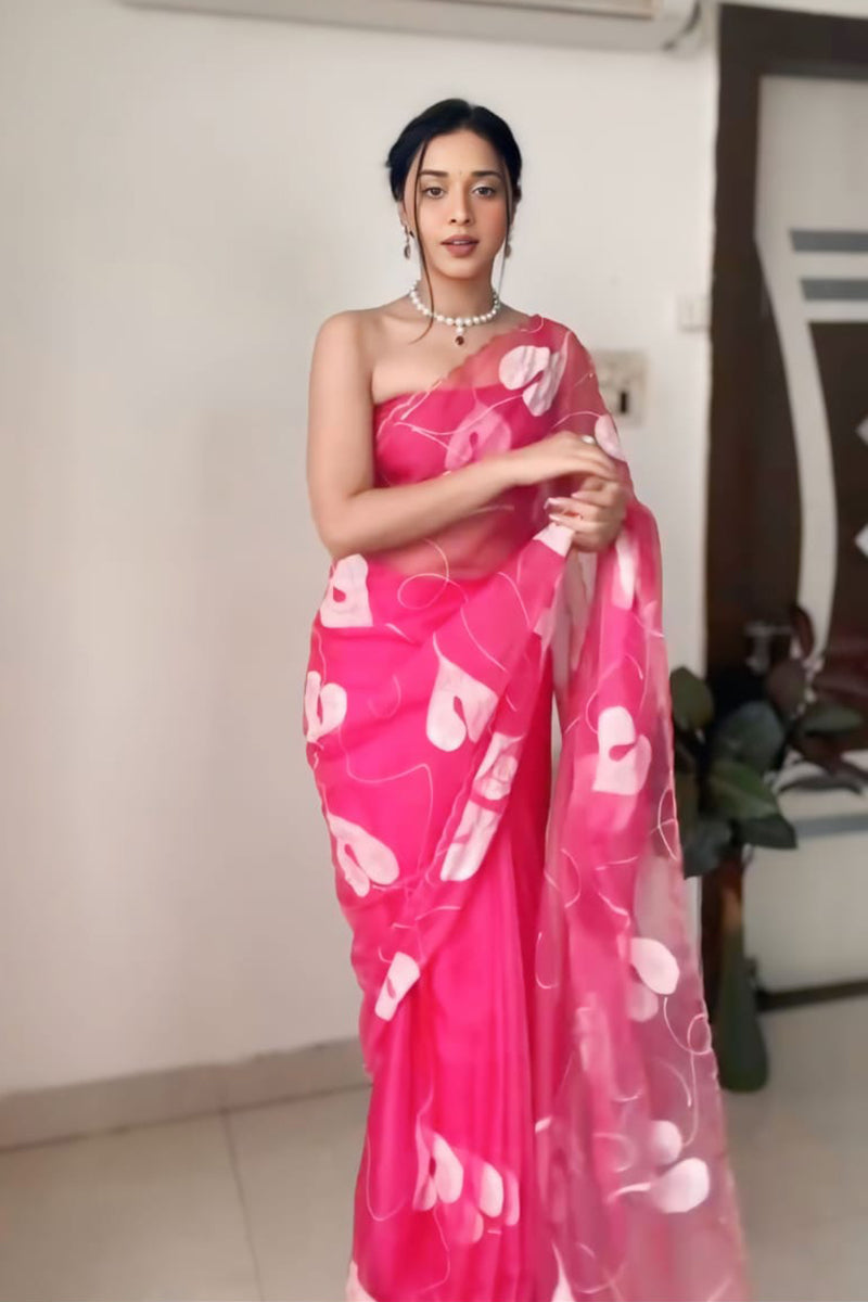 Enticing 1 Minute Ready To Wear Pink Organza Digital Print Saree