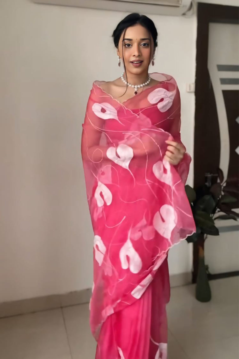 Enticing 1 Minute Ready To Wear Pink Organza Digital Print Saree
