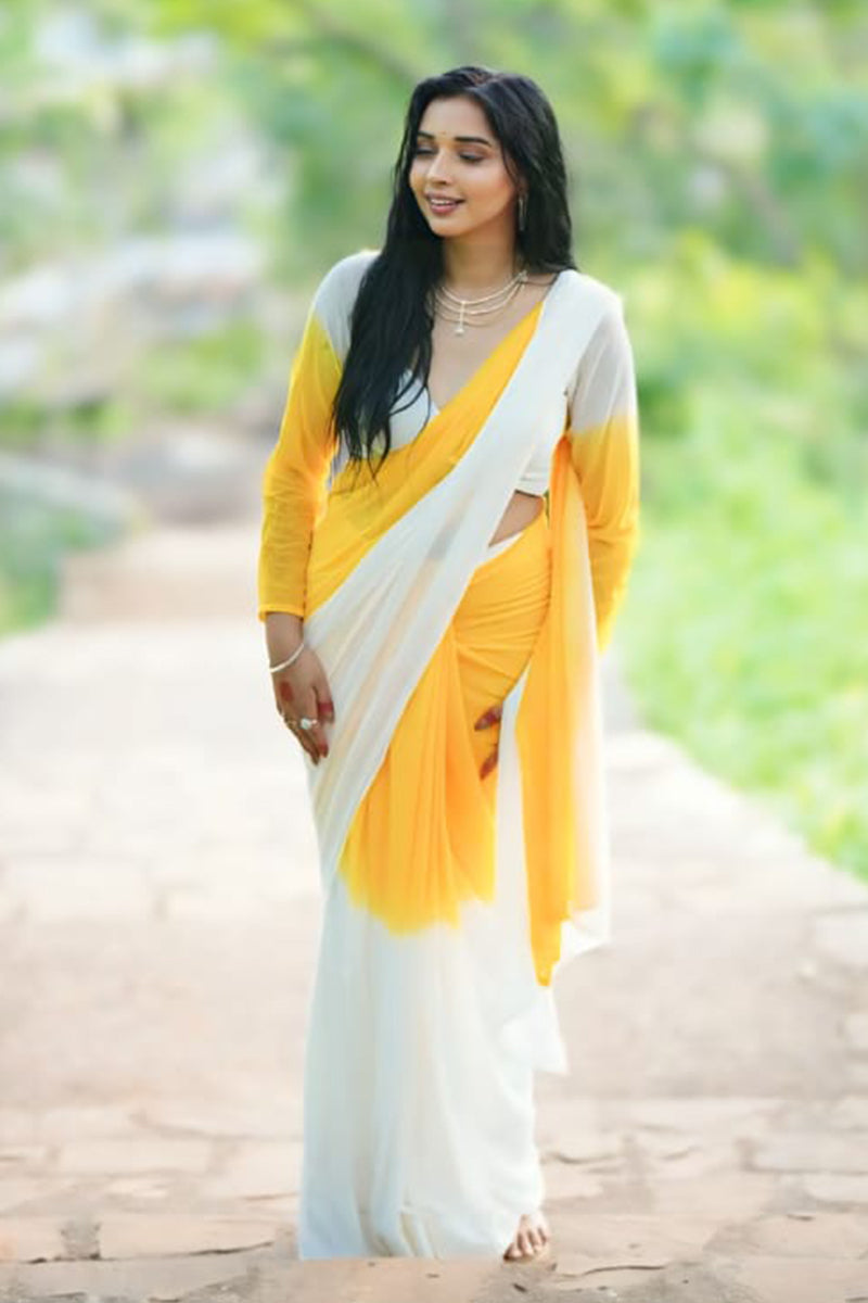 Empowering 1 Minute Ready To Wear Yellow And White Georgette Saree