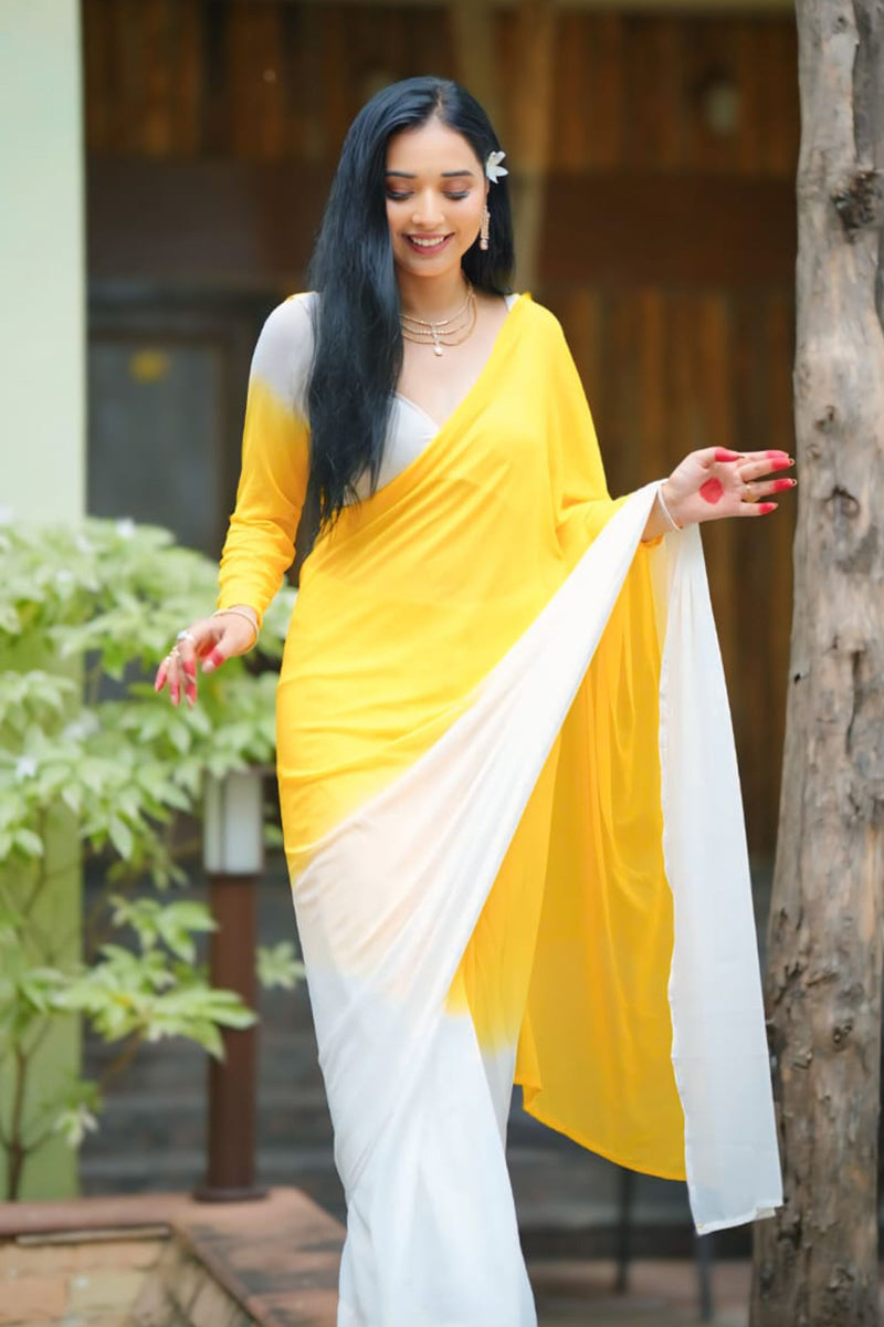 Empowering 1 Minute Ready To Wear Yellow And White Georgette Saree