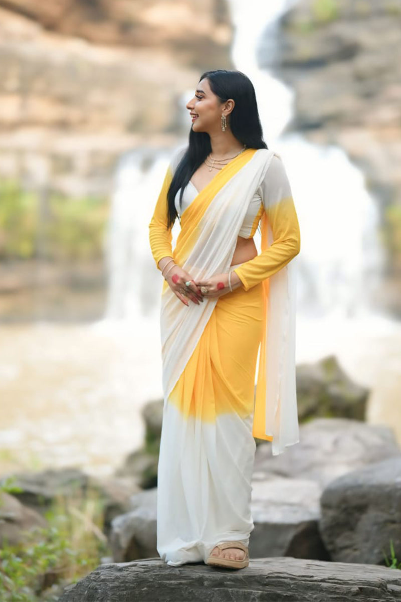 Empowering 1 Minute Ready To Wear Yellow And White Georgette Saree