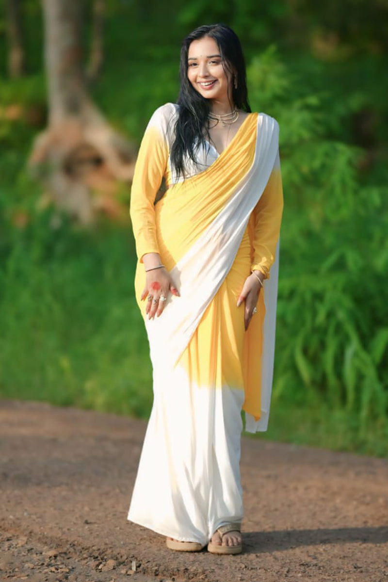 Empowering 1 Minute Ready To Wear Yellow And White Georgette Saree