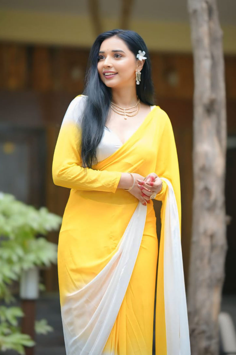 Empowering 1 Minute Ready To Wear Yellow And White Georgette Saree