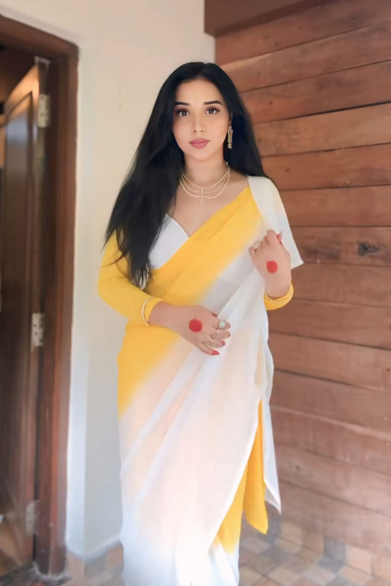 Empowering 1 Minute Ready To Wear Yellow And White Georgette Saree
